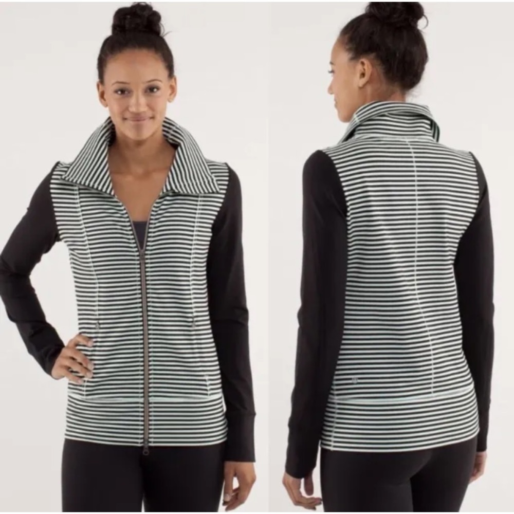 Lululemon Daily Yoga Mint Moment Full Zip Jacket Black Green Stripe Pockets Sz 4